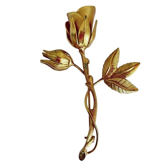 Goldtone Pin Brooch Single Long Stem Rose and Bud 2 5/8" - Picture 2 of 6